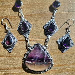 Gemstone Jewelry Set / Fluorite Necklace  Earrings / Amethyst / Larimar / Jasper